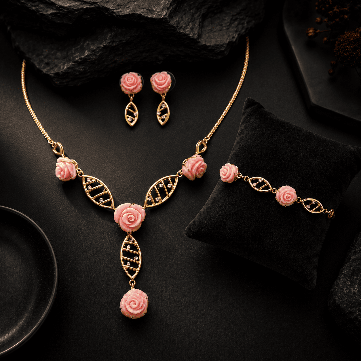 Genuine Coral Necklace Set with Bracelet